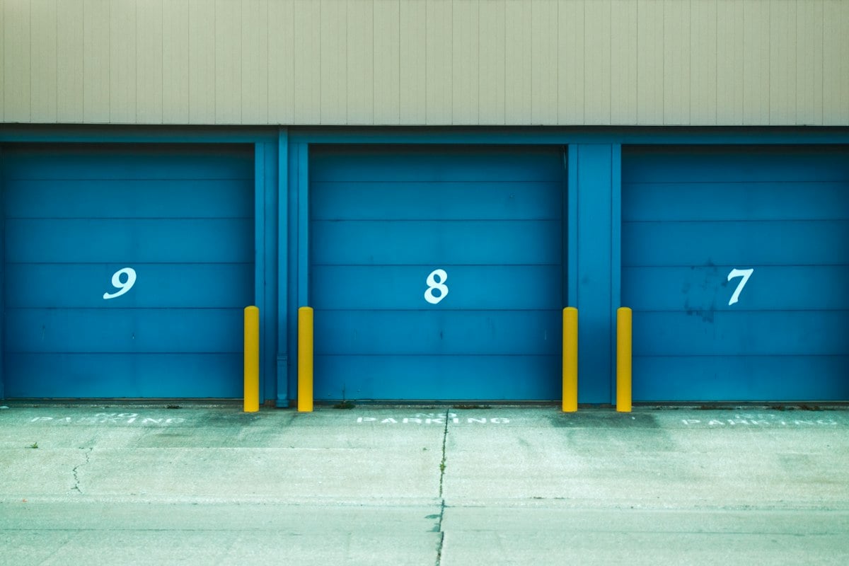 Commercial building with metal roller doors